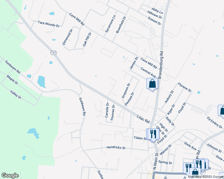 map of restaurants, bars, coffee shops, grocery stores, and more near Carson Drive in Leitchfield