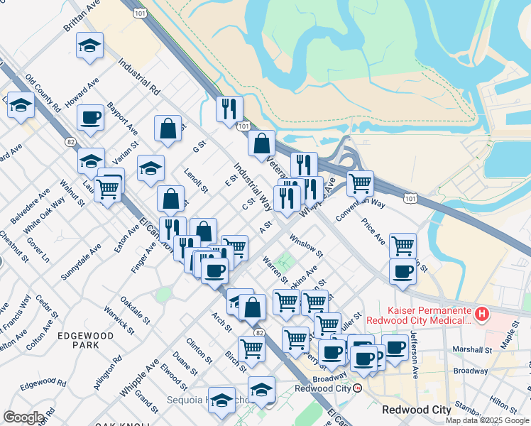 map of restaurants, bars, coffee shops, grocery stores, and more near 352 B Street in Redwood City