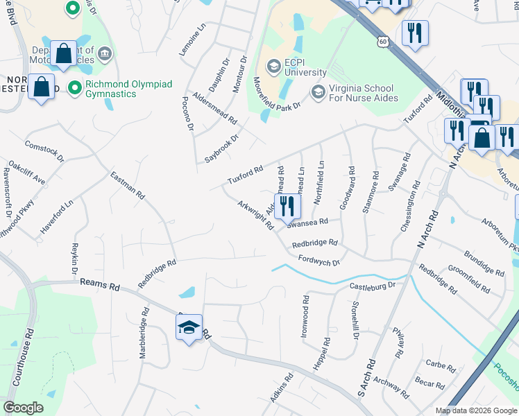 map of restaurants, bars, coffee shops, grocery stores, and more near 120 Arkwright Road in Richmond