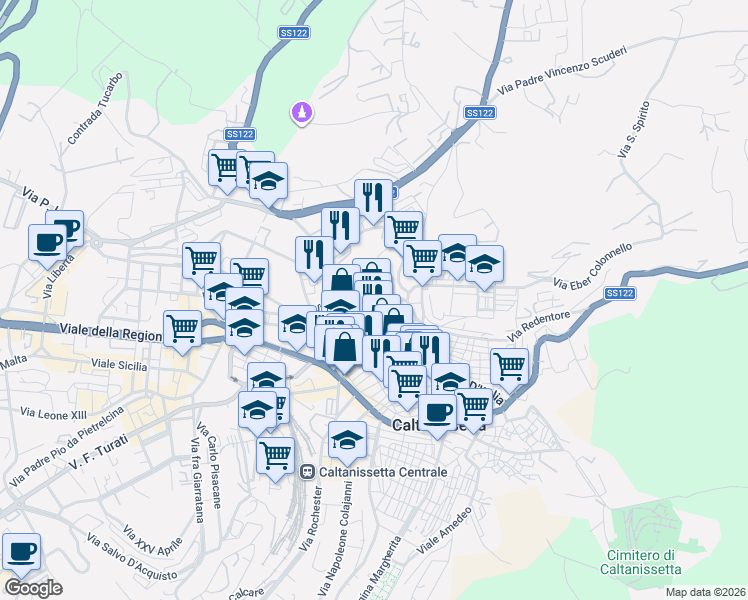 map of restaurants, bars, coffee shops, grocery stores, and more near 3 Via Arimondi in Caltanissetta