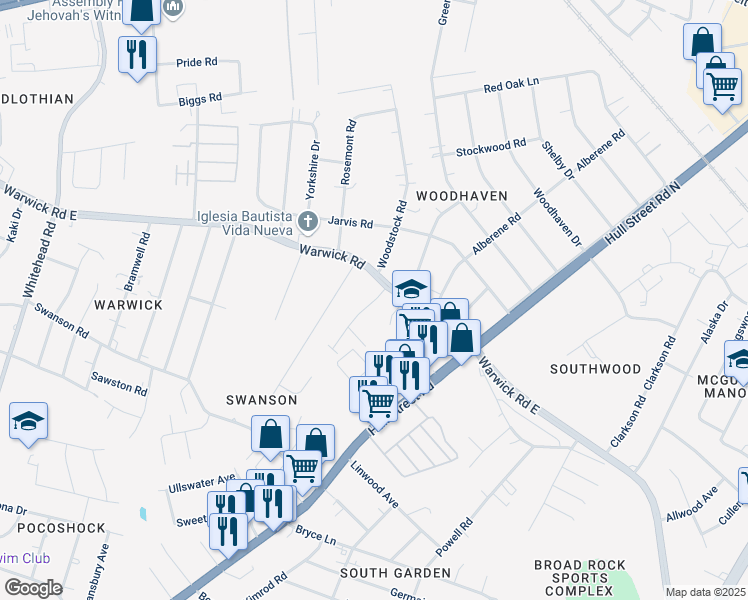 map of restaurants, bars, coffee shops, grocery stores, and more near 5315 Warwick Road in Richmond