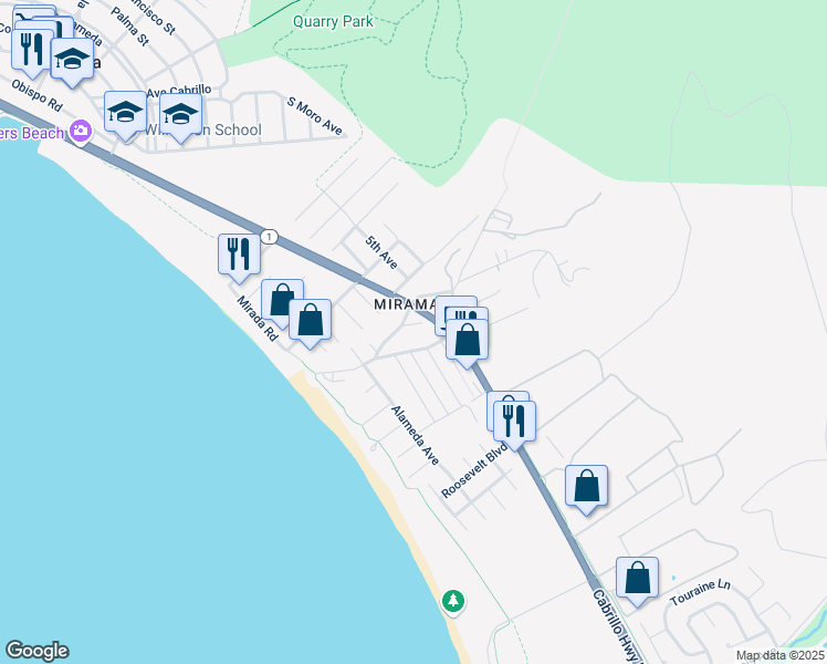 map of restaurants, bars, coffee shops, grocery stores, and more near 465 Mirada Road in Half Moon Bay