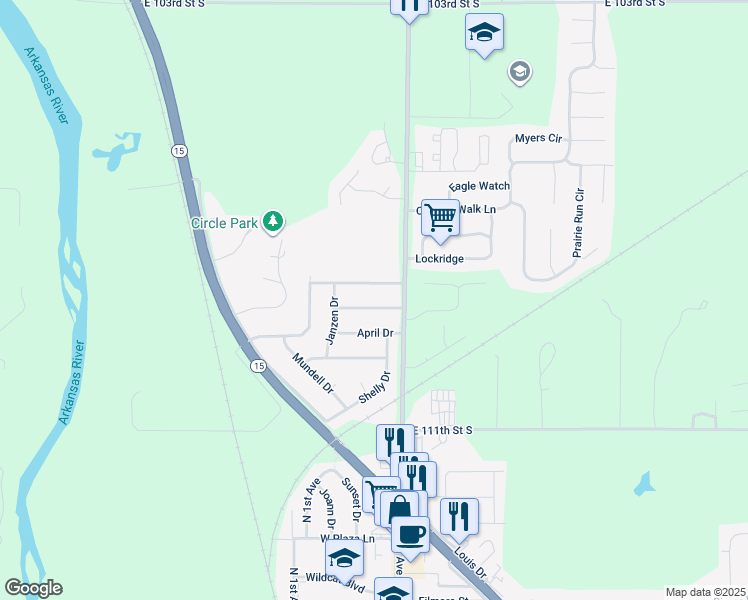 map of restaurants, bars, coffee shops, grocery stores, and more near 115 Jeannette Drive in Mulvane