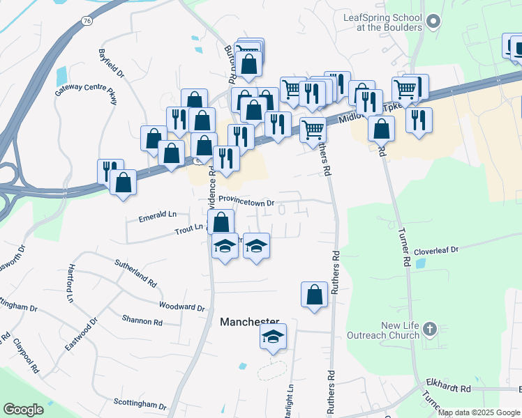 map of restaurants, bars, coffee shops, grocery stores, and more near 8039 Provincetown Drive in Richmond