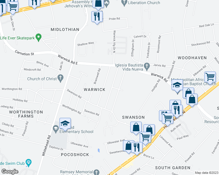 map of restaurants, bars, coffee shops, grocery stores, and more near 1000 Barlen Drive in Richmond