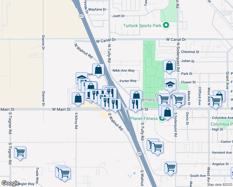 map of restaurants, bars, coffee shops, grocery stores, and more near Joash E Paul Memorial Highway in Turlock
