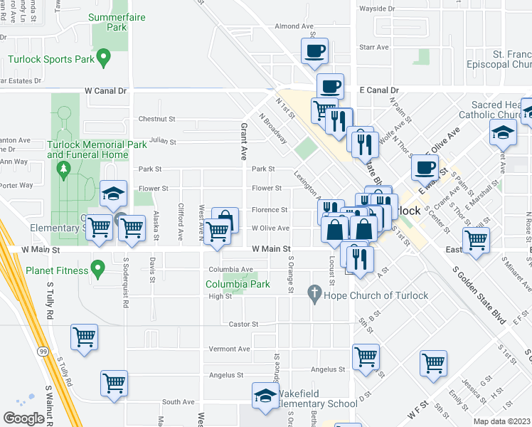 map of restaurants, bars, coffee shops, grocery stores, and more near 500 Florence Street in Turlock