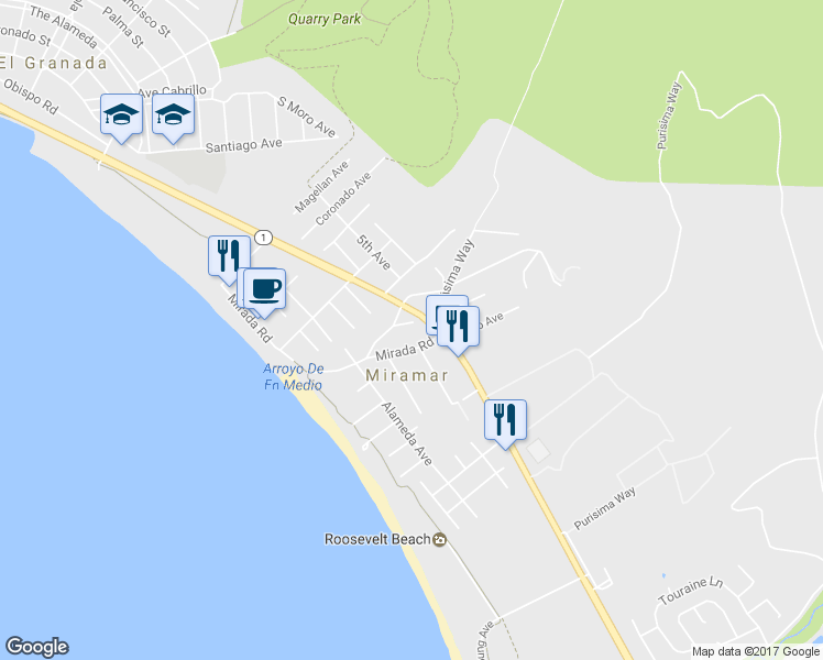 map of restaurants, bars, coffee shops, grocery stores, and more near 416 Lee Avenue in Half Moon Bay