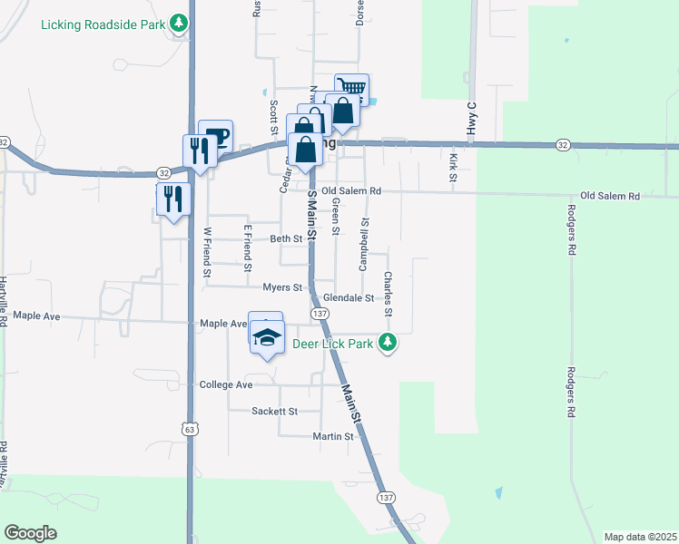 map of restaurants, bars, coffee shops, grocery stores, and more near 234 Green Street in Licking