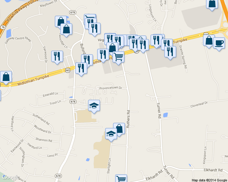 map of restaurants, bars, coffee shops, grocery stores, and more near 7829 Provincetown Drive in Richmond