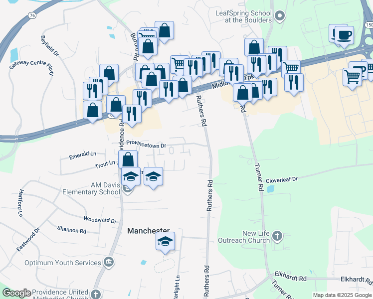 map of restaurants, bars, coffee shops, grocery stores, and more near 7829 Provincetown Drive in Richmond
