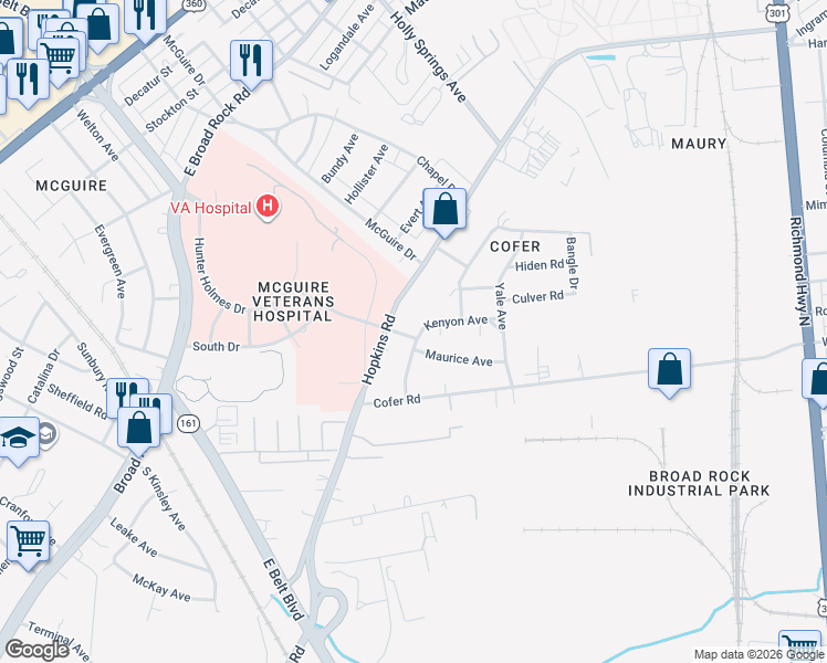 map of restaurants, bars, coffee shops, grocery stores, and more near 1706 Gross Avenue in Richmond