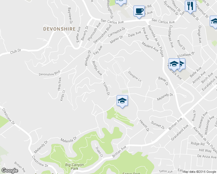map of restaurants, bars, coffee shops, grocery stores, and more near 351 Torino Drive in San Carlos