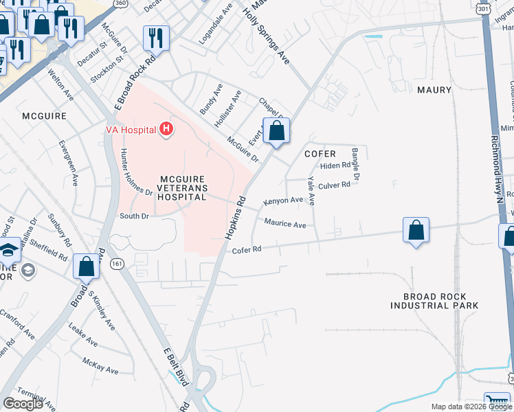 map of restaurants, bars, coffee shops, grocery stores, and more near 1706 Gross Avenue in Richmond