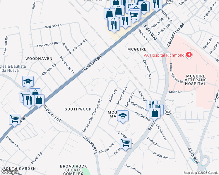 map of restaurants, bars, coffee shops, grocery stores, and more near 1516 Alaska Drive in Richmond