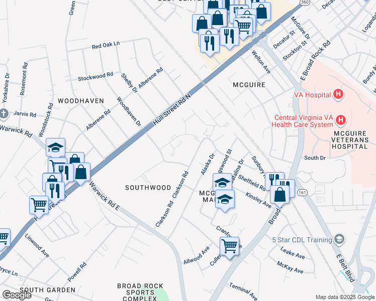 map of restaurants, bars, coffee shops, grocery stores, and more near 1528 Clarkson Road in Richmond
