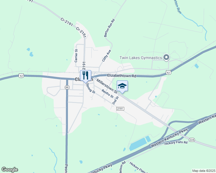 map of restaurants, bars, coffee shops, grocery stores, and more near 200 Renfro Street in Clarkson