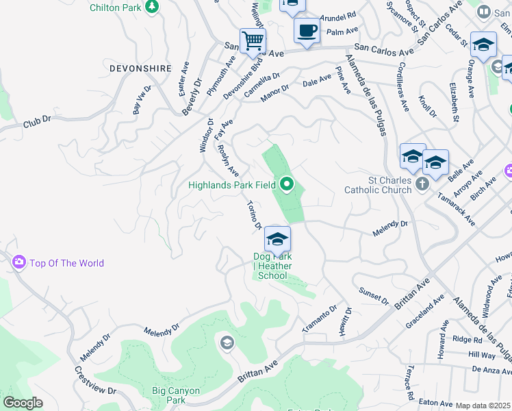 map of restaurants, bars, coffee shops, grocery stores, and more near 351 Torino Drive in San Carlos