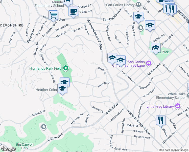 map of restaurants, bars, coffee shops, grocery stores, and more near in San Carlos
