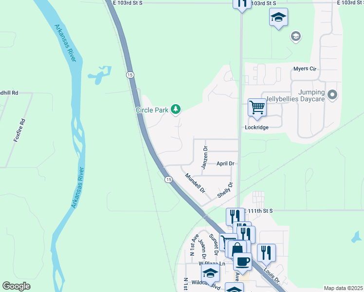 map of restaurants, bars, coffee shops, grocery stores, and more near 18 South Circle Drive in Mulvane