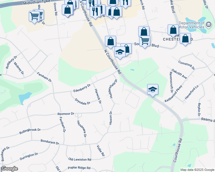 map of restaurants, bars, coffee shops, grocery stores, and more near 300 Huddersfield Drive in Chesterfield County
