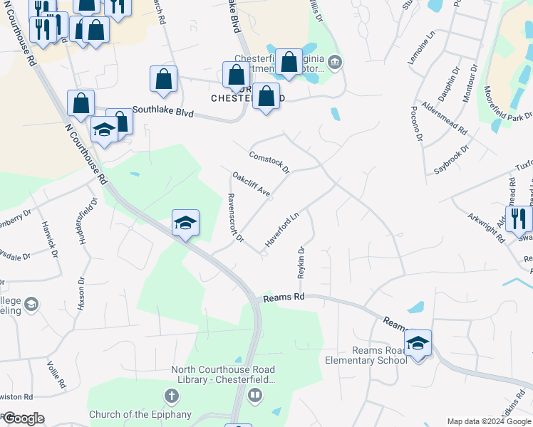 map of restaurants, bars, coffee shops, grocery stores, and more near 10925 Keithwood Parkway in Richmond