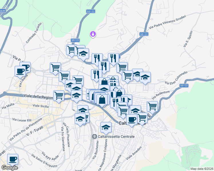 map of restaurants, bars, coffee shops, grocery stores, and more near Piazza Capuana Luigi in Caltanissetta