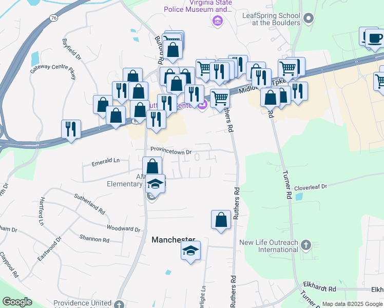 map of restaurants, bars, coffee shops, grocery stores, and more near 7951 Provincetown Drive in Richmond