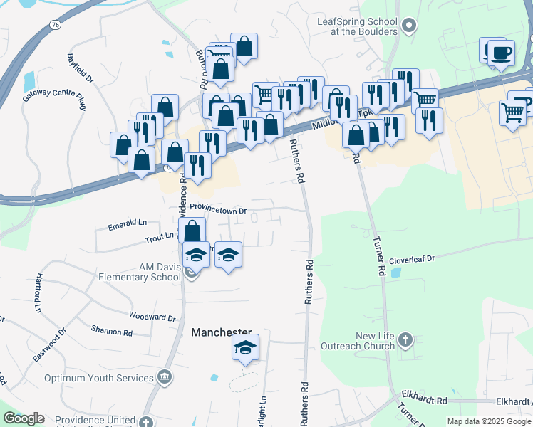 map of restaurants, bars, coffee shops, grocery stores, and more near 7875 Provincetown Drive in Richmond