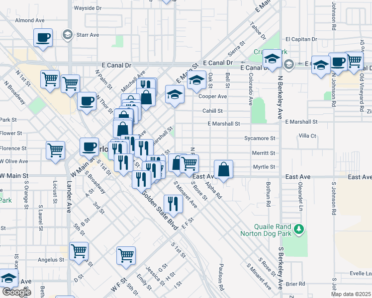 map of restaurants, bars, coffee shops, grocery stores, and more near 1121 Merritt Street in Turlock