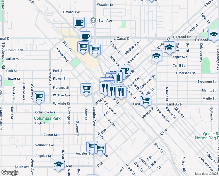 map of restaurants, bars, coffee shops, grocery stores, and more near 5 East Main Street in Turlock