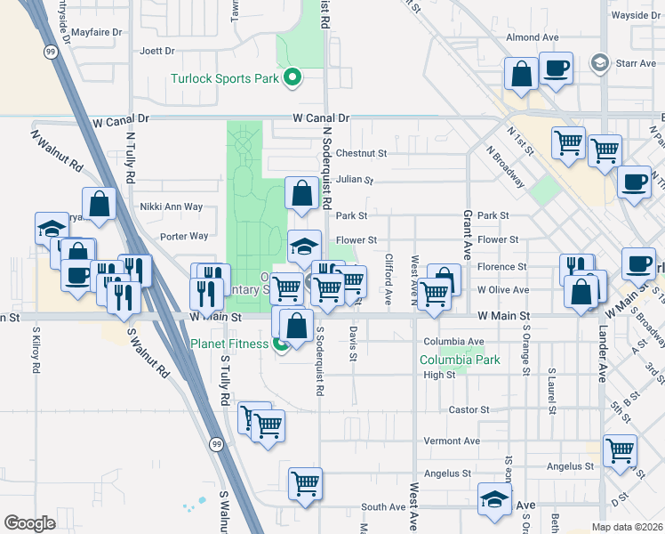 map of restaurants, bars, coffee shops, grocery stores, and more near 217 North Soderquist Road in Turlock