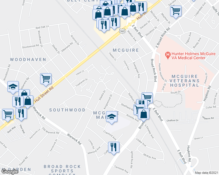 map of restaurants, bars, coffee shops, grocery stores, and more near 4400 Clarkson Road in Richmond