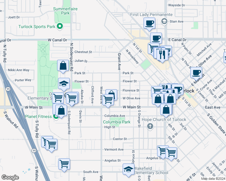 map of restaurants, bars, coffee shops, grocery stores, and more near 681 West Olive Avenue in Turlock