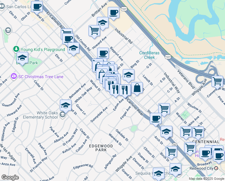 map of restaurants, bars, coffee shops, grocery stores, and more near 1693 Walnut Street in San Carlos