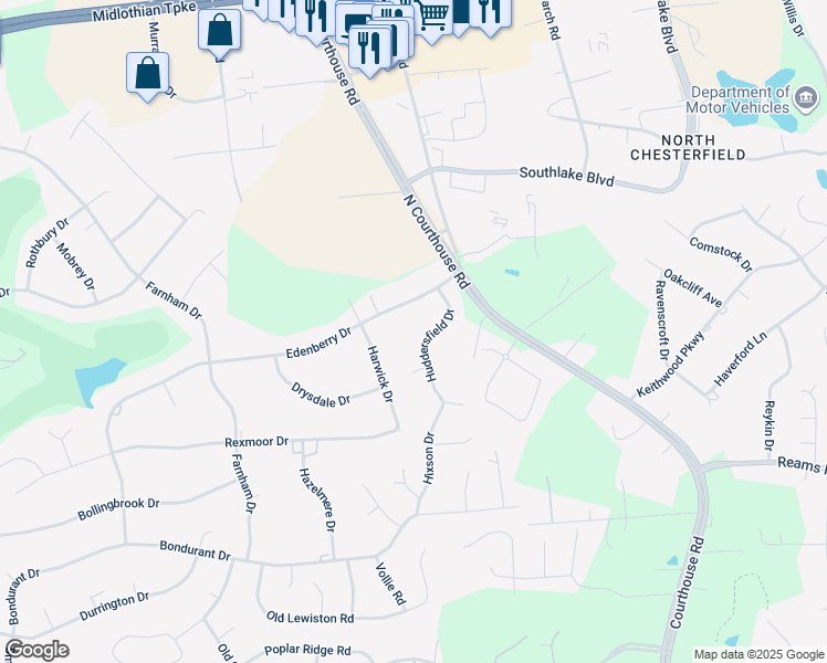 map of restaurants, bars, coffee shops, grocery stores, and more near 300 Huddersfield Drive in Chesterfield County