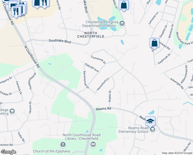 map of restaurants, bars, coffee shops, grocery stores, and more near 10925 Keithwood Parkway in Richmond