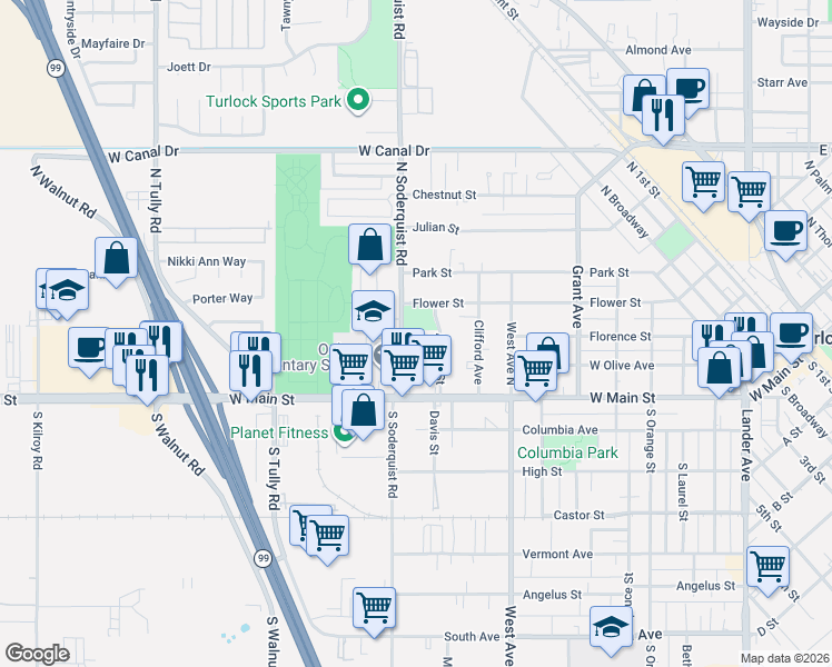 map of restaurants, bars, coffee shops, grocery stores, and more near 223 Alaska Street in Turlock