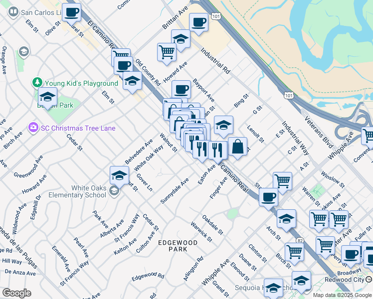 map of restaurants, bars, coffee shops, grocery stores, and more near 1693 Walnut Street in San Carlos