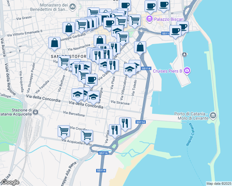 map of restaurants, bars, coffee shops, grocery stores, and more near 21 Piazza Caduti del Mare in Catania