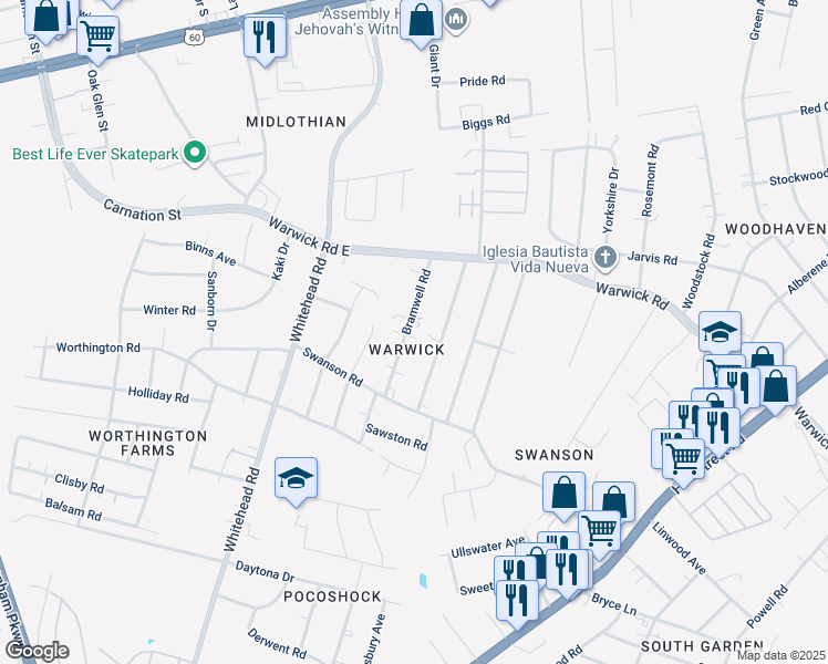map of restaurants, bars, coffee shops, grocery stores, and more near 907 Bramwell Road in Richmond