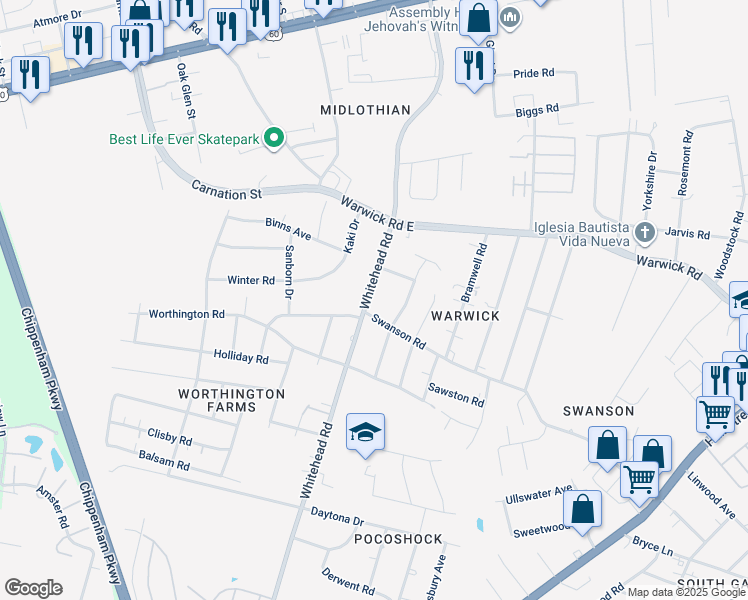 map of restaurants, bars, coffee shops, grocery stores, and more near 813 Whitehead Road in Richmond