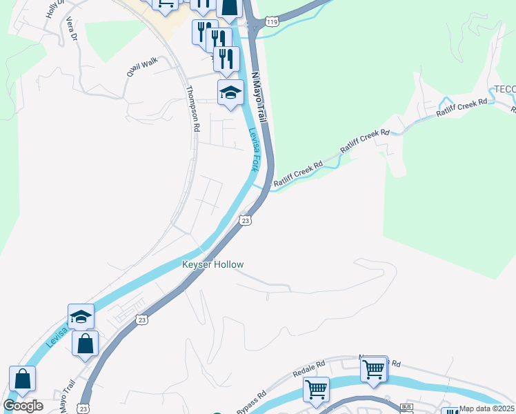 map of restaurants, bars, coffee shops, grocery stores, and more near 693 North Mayo Trail in Pikeville