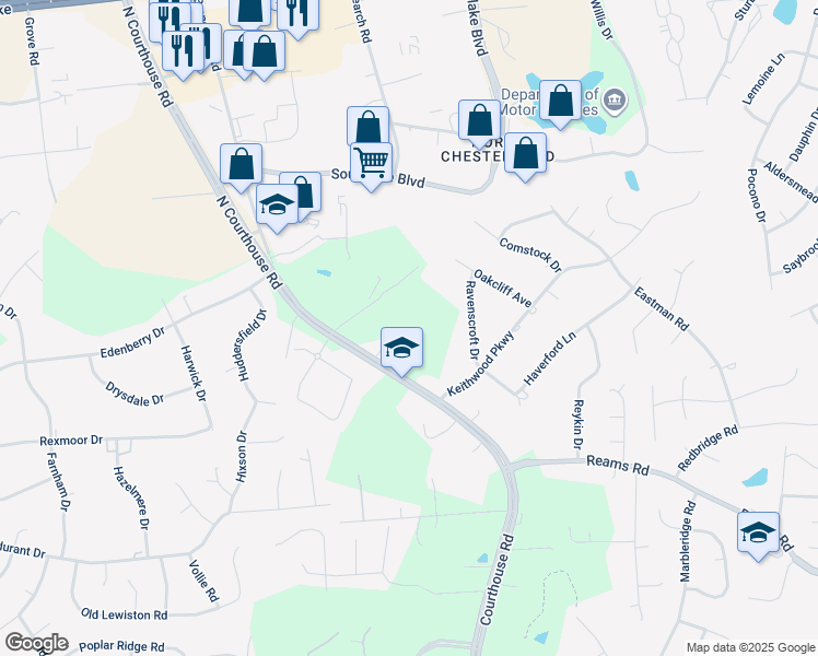 map of restaurants, bars, coffee shops, grocery stores, and more near 200 North Courthouse Road in Richmond