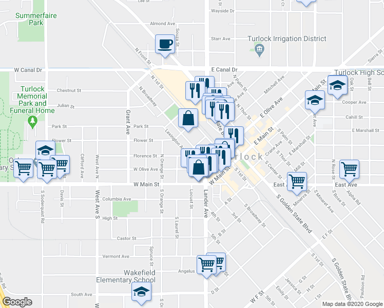 map of restaurants, bars, coffee shops, grocery stores, and more near 250 North Broadway in Turlock