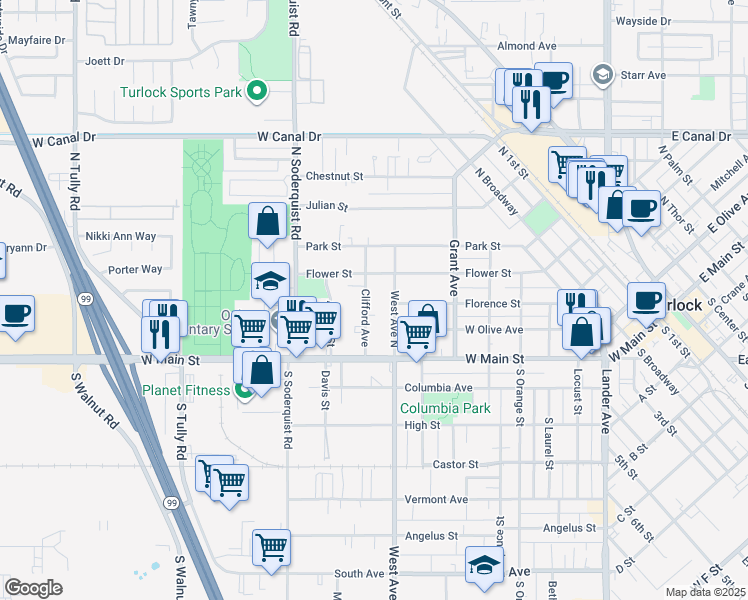 map of restaurants, bars, coffee shops, grocery stores, and more near 341 Clifford Avenue in Turlock