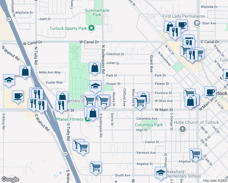 map of restaurants, bars, coffee shops, grocery stores, and more near Alaska Street in Turlock