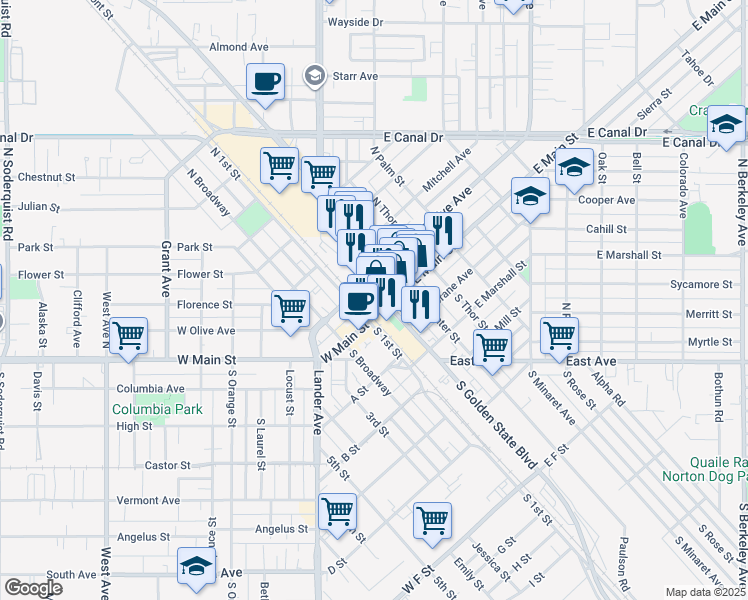 map of restaurants, bars, coffee shops, grocery stores, and more near 111 North Golden State Boulevard in Turlock