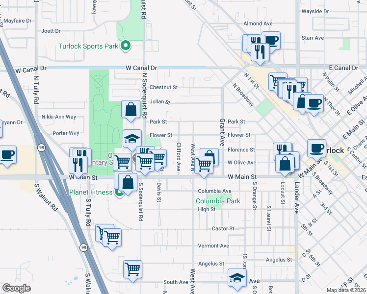 map of restaurants, bars, coffee shops, grocery stores, and more near 341 Clifford Avenue in Turlock