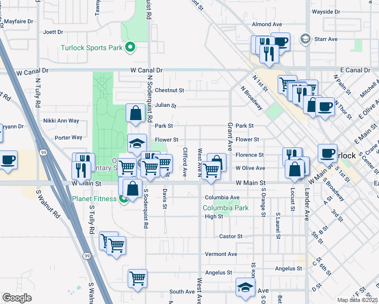 map of restaurants, bars, coffee shops, grocery stores, and more near 306 Clifford Avenue in Turlock